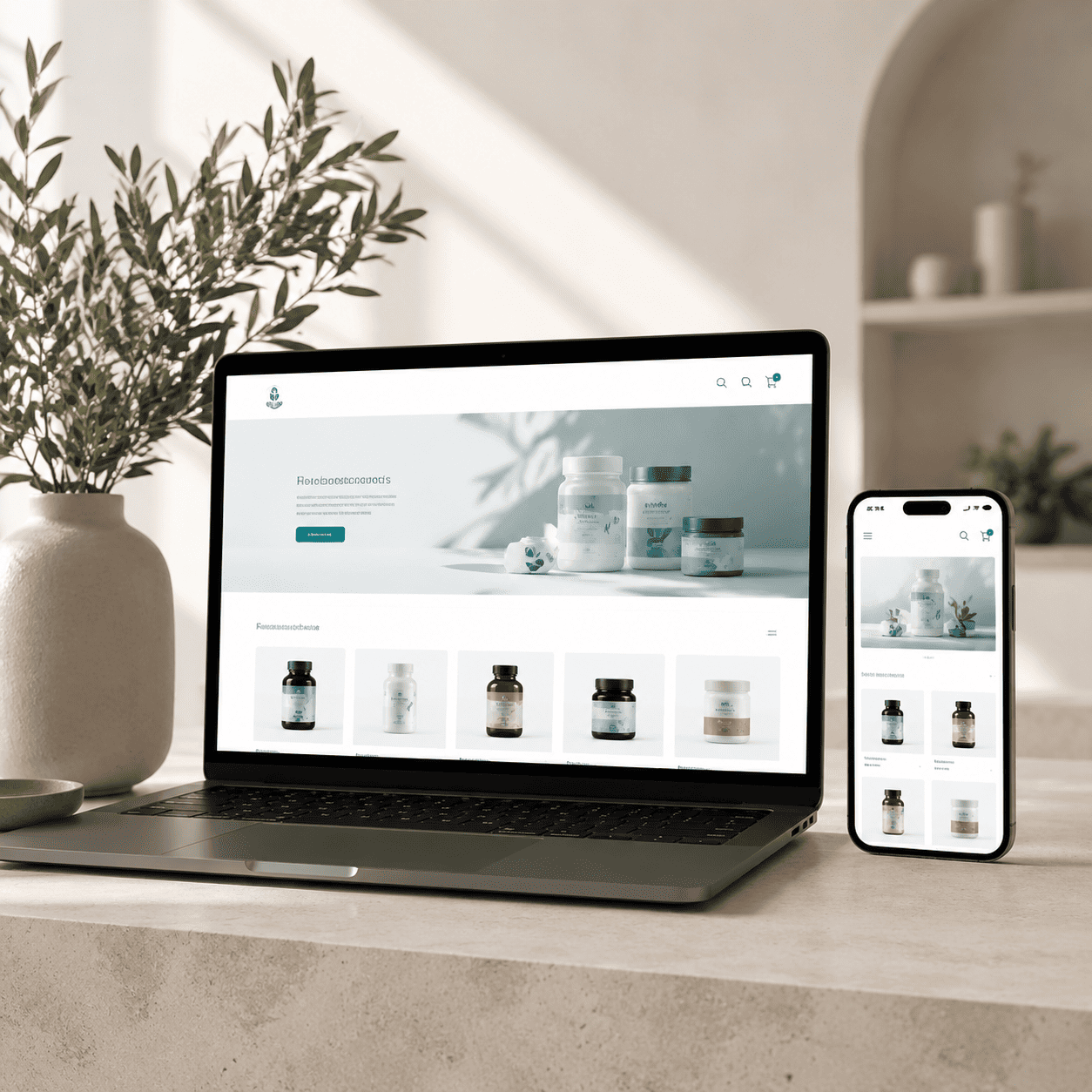 Clinical supplement ecommerce experience displayed across laptop and phone