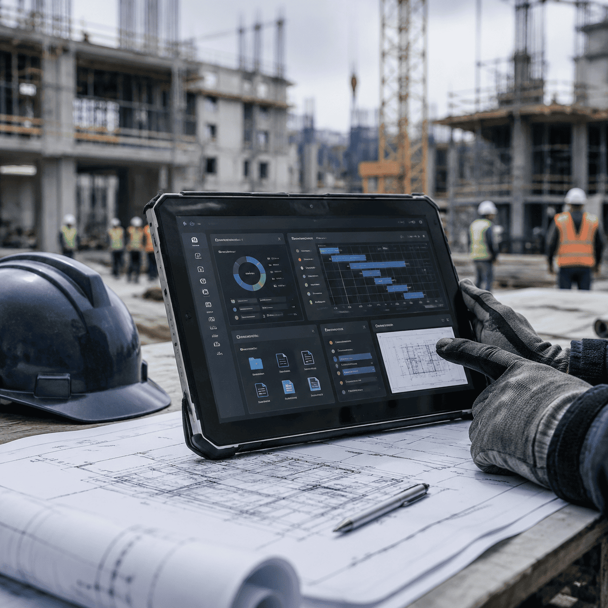 Construction project management system used at an active building site