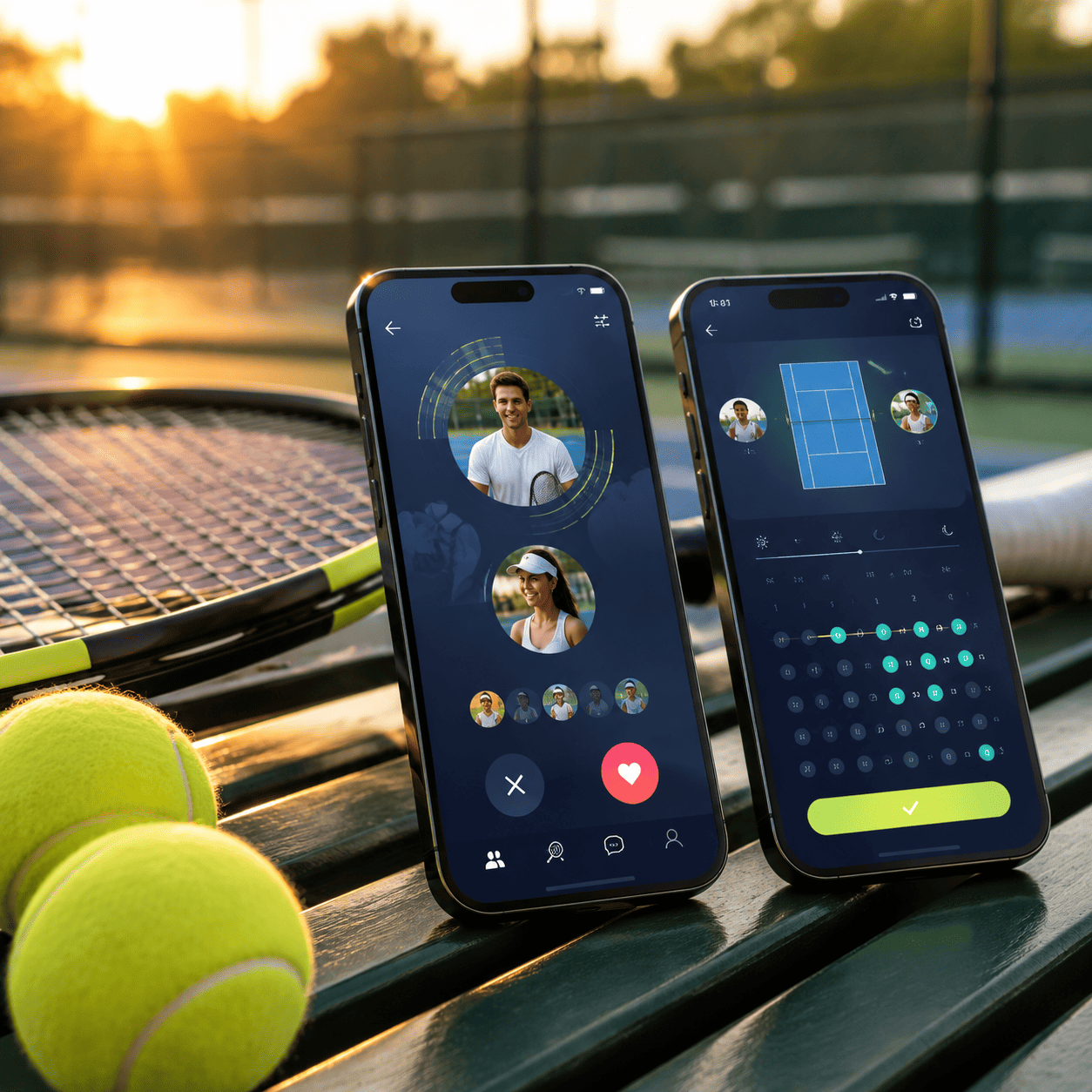 Tennis match making app displayed on two phones beside a tennis racket